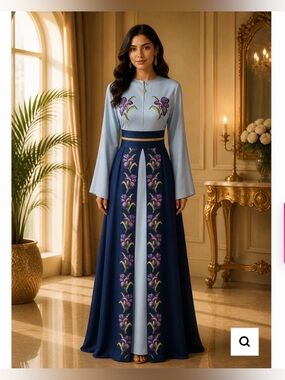 Elegant Two-Tone Embroidered Maxi Dress in Light Blue & Navy